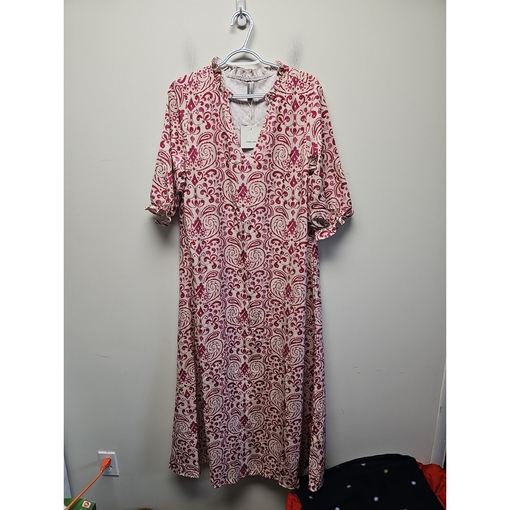Noracora Pink Cream Damask Paisley Ruffle Neck Maxi Dress XL 1318822#